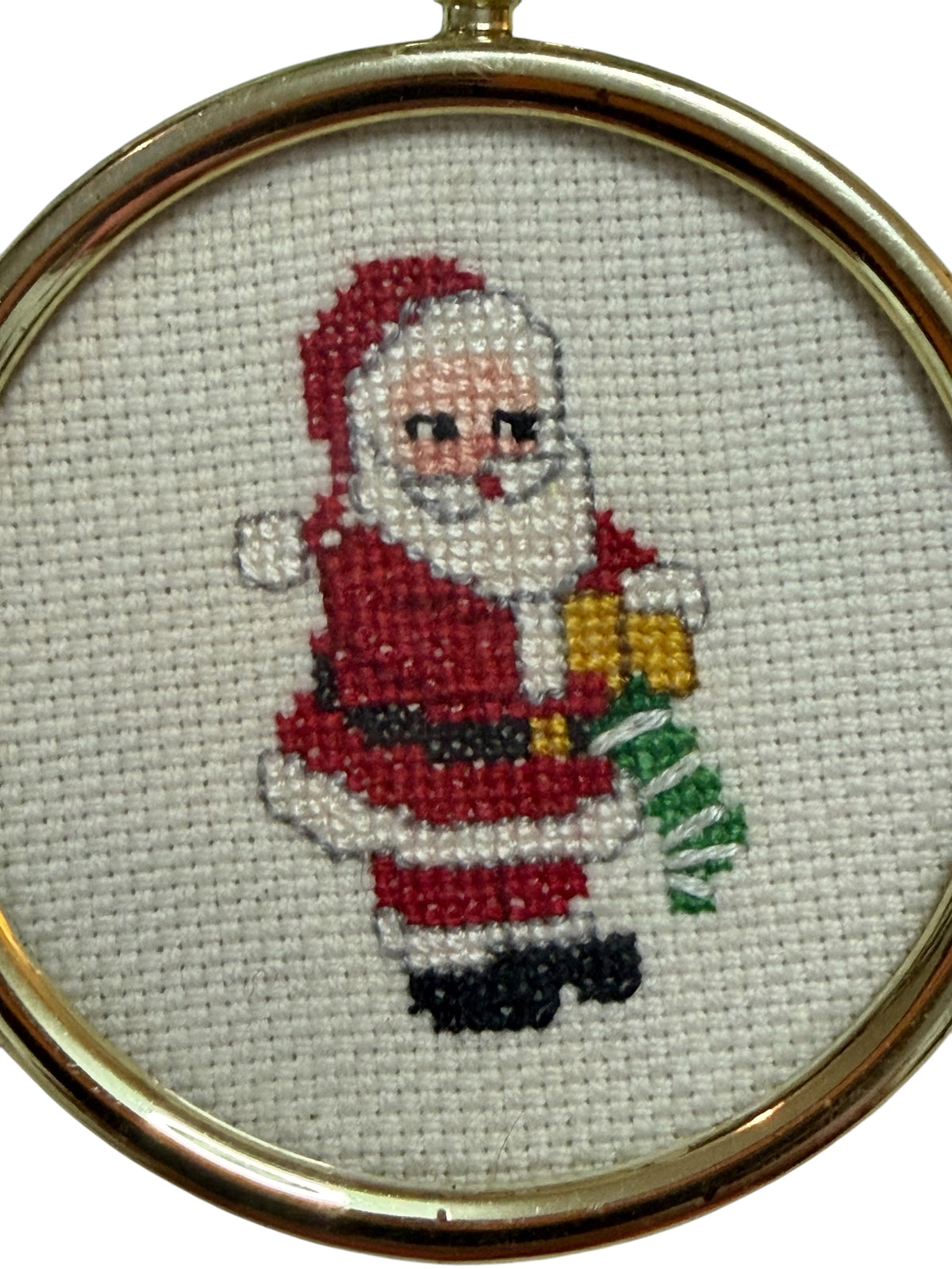 Handmade Vintage Santa Claus Cross-Stitch Christmas Ornament – Gold Frame, 3”
