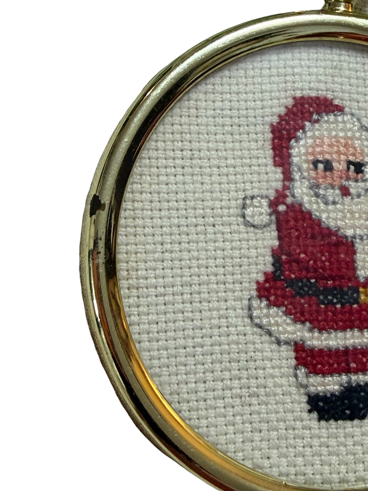 Handmade Vintage Santa Claus Cross-Stitch Christmas Ornament – Gold Frame, 3”