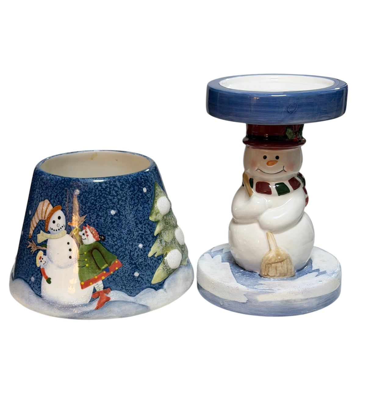 Home Interiors Vintage Ceramic Snowman Candle Holder Lamp – Winter Scene – 10”