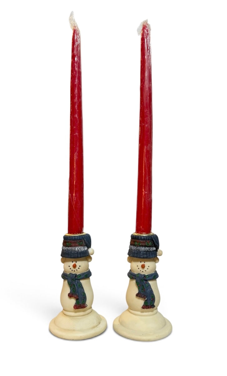 Primitive Vintage Snowman Taper Candle Holders – Set of 2 with Red Candles