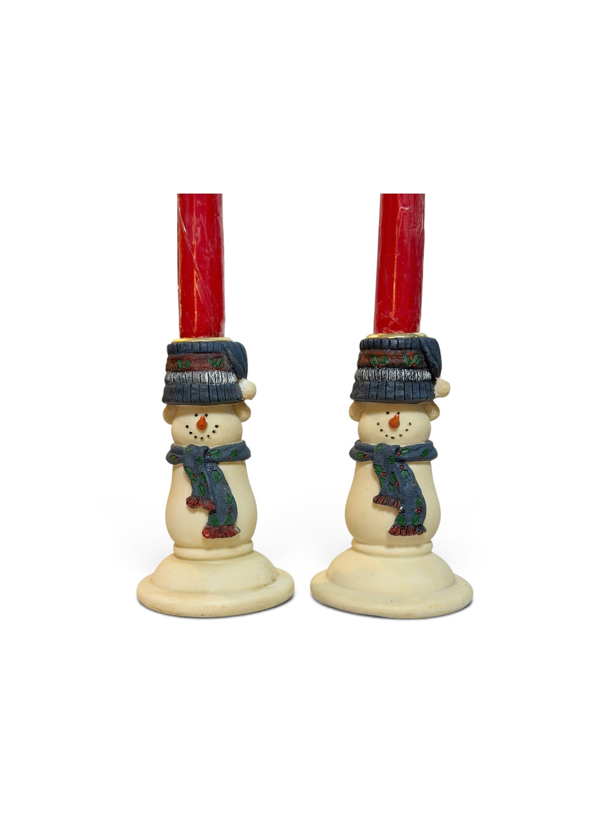 Primitive Vintage Snowman Taper Candle Holders – Set of 2 with Red Candles