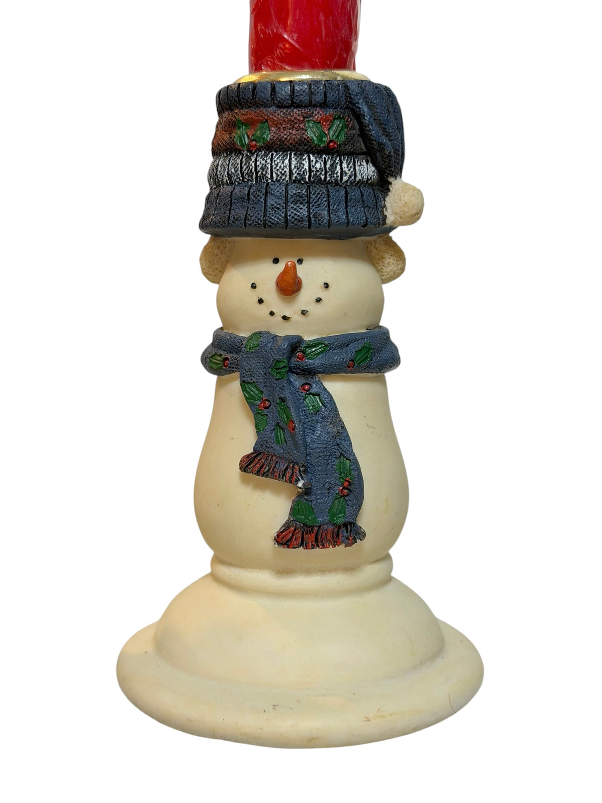 Primitive Vintage Snowman Taper Candle Holders – Set of 2 with Red Candles