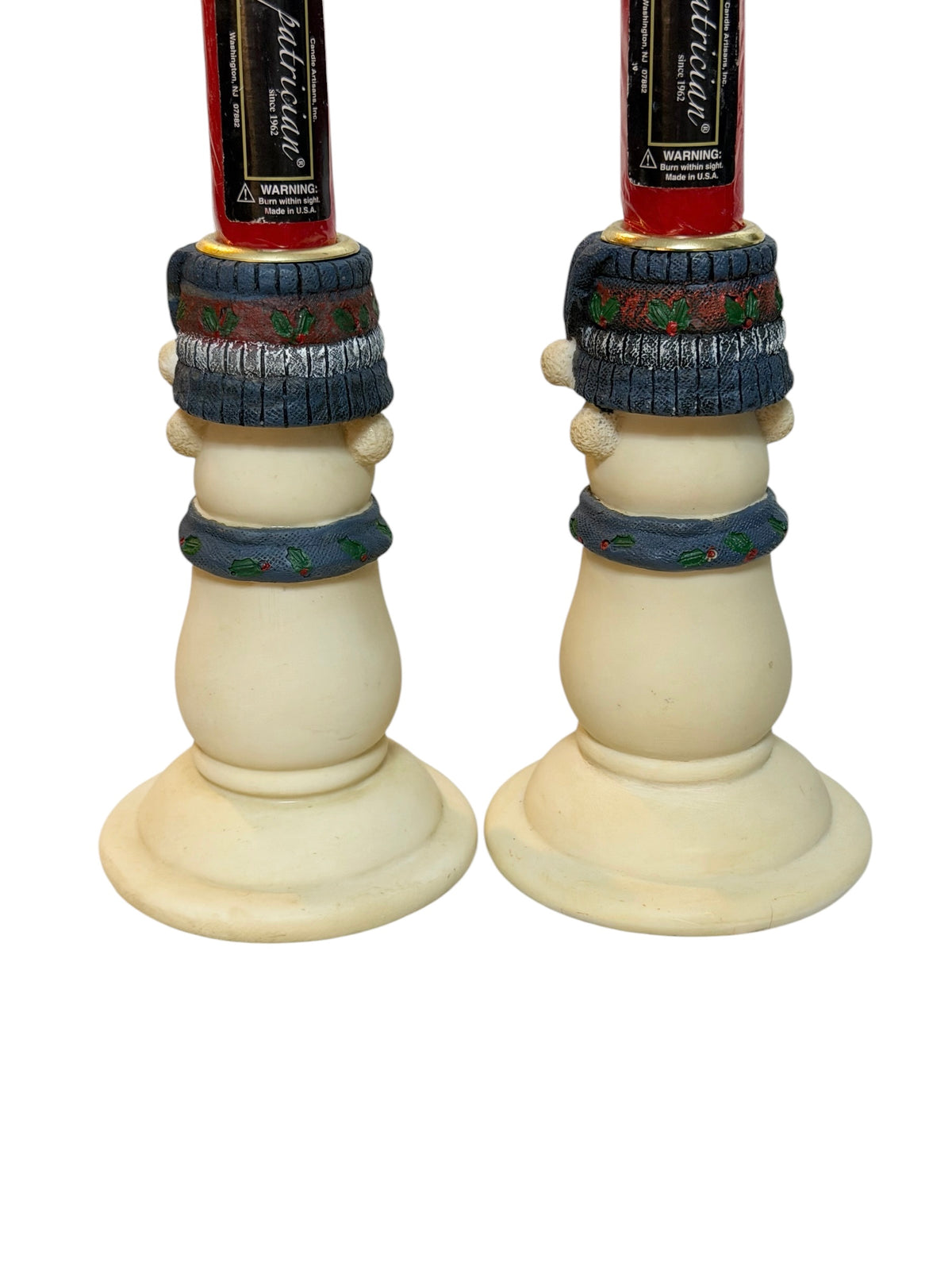 Primitive Vintage Snowman Taper Candle Holders – Set of 2 with Red Candles