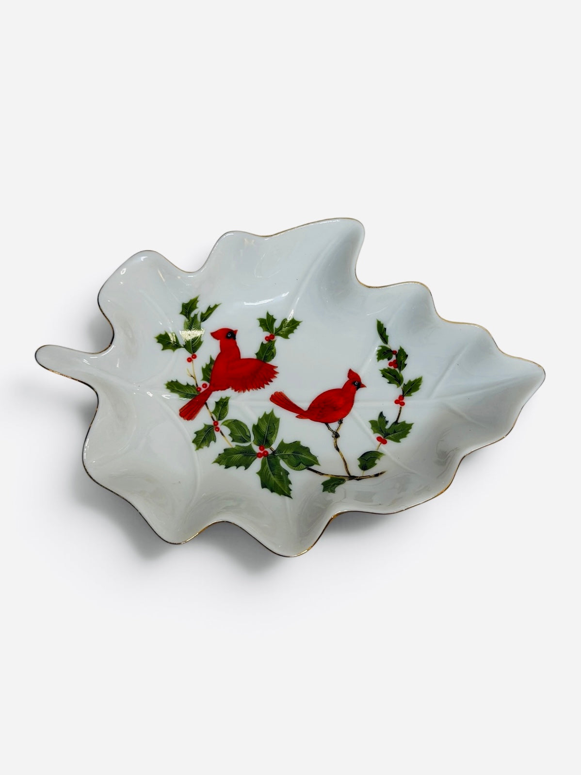 1984 Lefton China Christmas Cardinal Leaf Dish | Hand-Painted Porcelain Holly & Berries