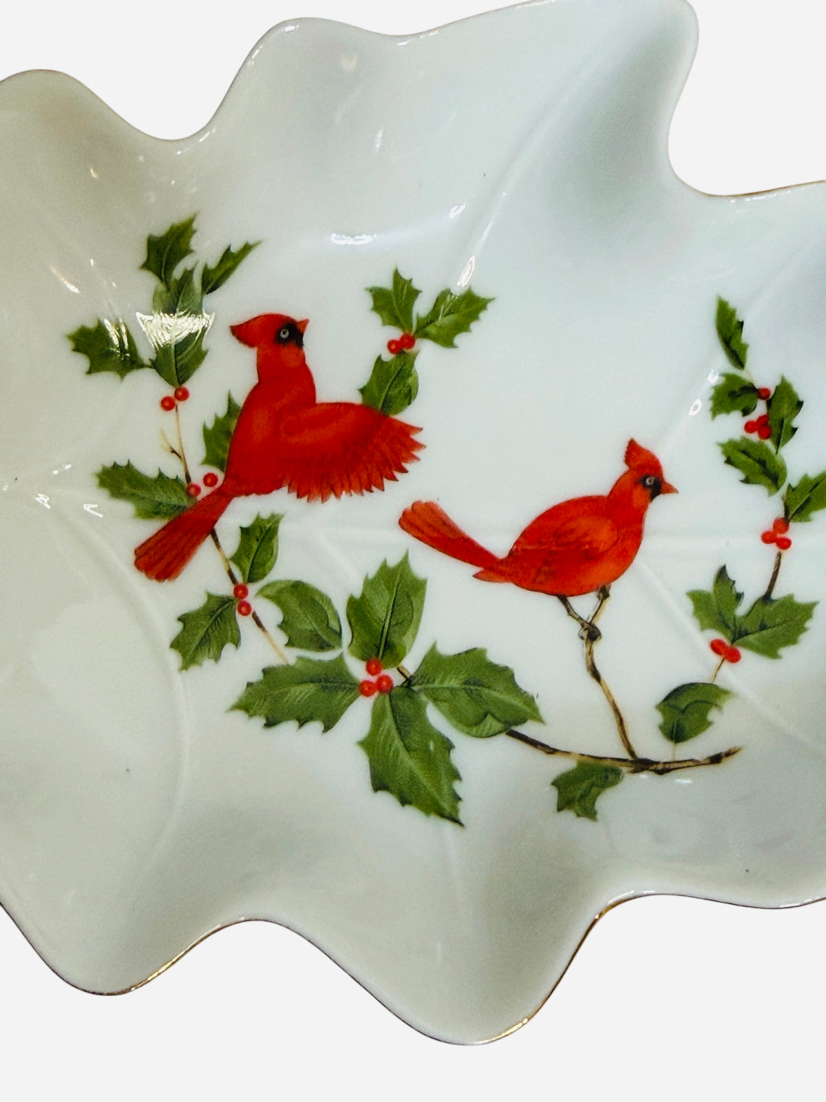 1984 Lefton China Christmas Cardinal Leaf Dish | Hand-Painted Porcelain Holly & Berries