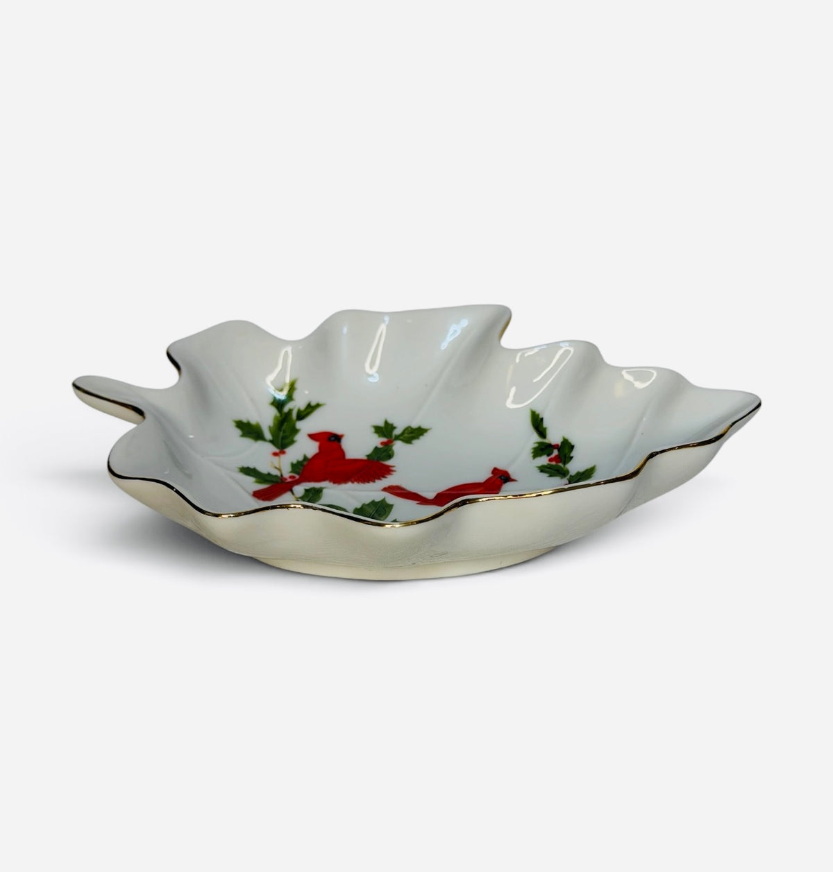 1984 Lefton China Christmas Cardinal Leaf Dish | Hand-Painted Porcelain Holly & Berries